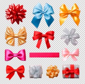 Conjunto de laços decorativos em PNG com fundo transparente, ideais para design de embalagens, convites e projetos comemorativos.