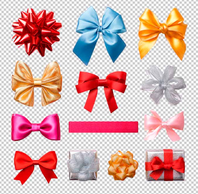Conjunto de laços decorativos em PNG com fundo transparente, ideais para design de embalagens, convites e projetos comemorativos.