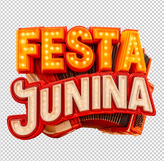 selo 3D com a frase “Festa Junina” em letras iluminadas, em PNG com fundo transparente.