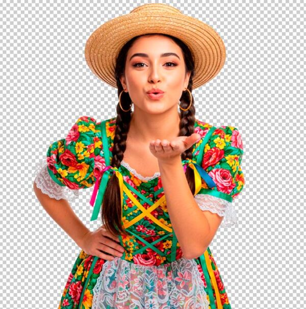 Mulher com roupa típica de Festa Junina mandando beijo, em PNG com fundo transparente.