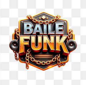 Selo 3D escrito Baile Funk com correntes douradas e alto-falantes.