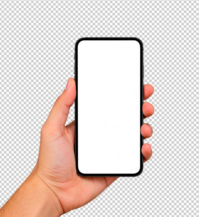 Mão segurando smartphone com tela branca e fundo transparente.