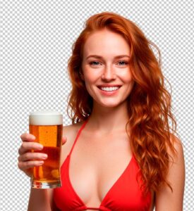 Mulher ruiva de biquíni vermelho segurando cerveja com fundo transparente