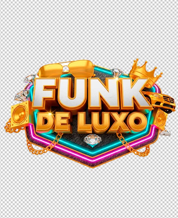 Selo 3D com a frase "Funk de Luxo" dourado, com elementos como coroa, corrente, carro, óculos e diamantes.